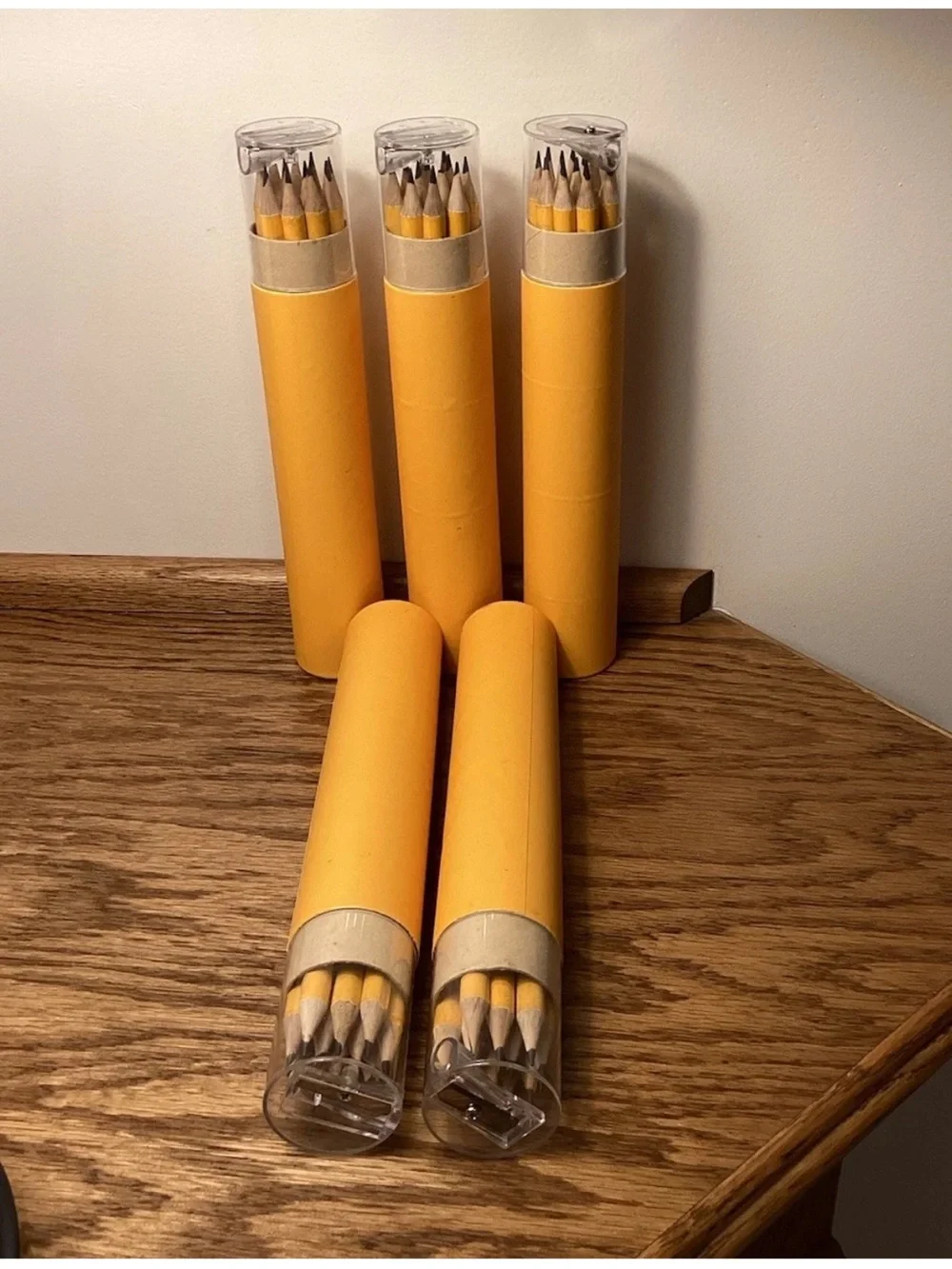 Yellow Wood Pencil Set in Cylindrical Tube with pencil sharpener On Top